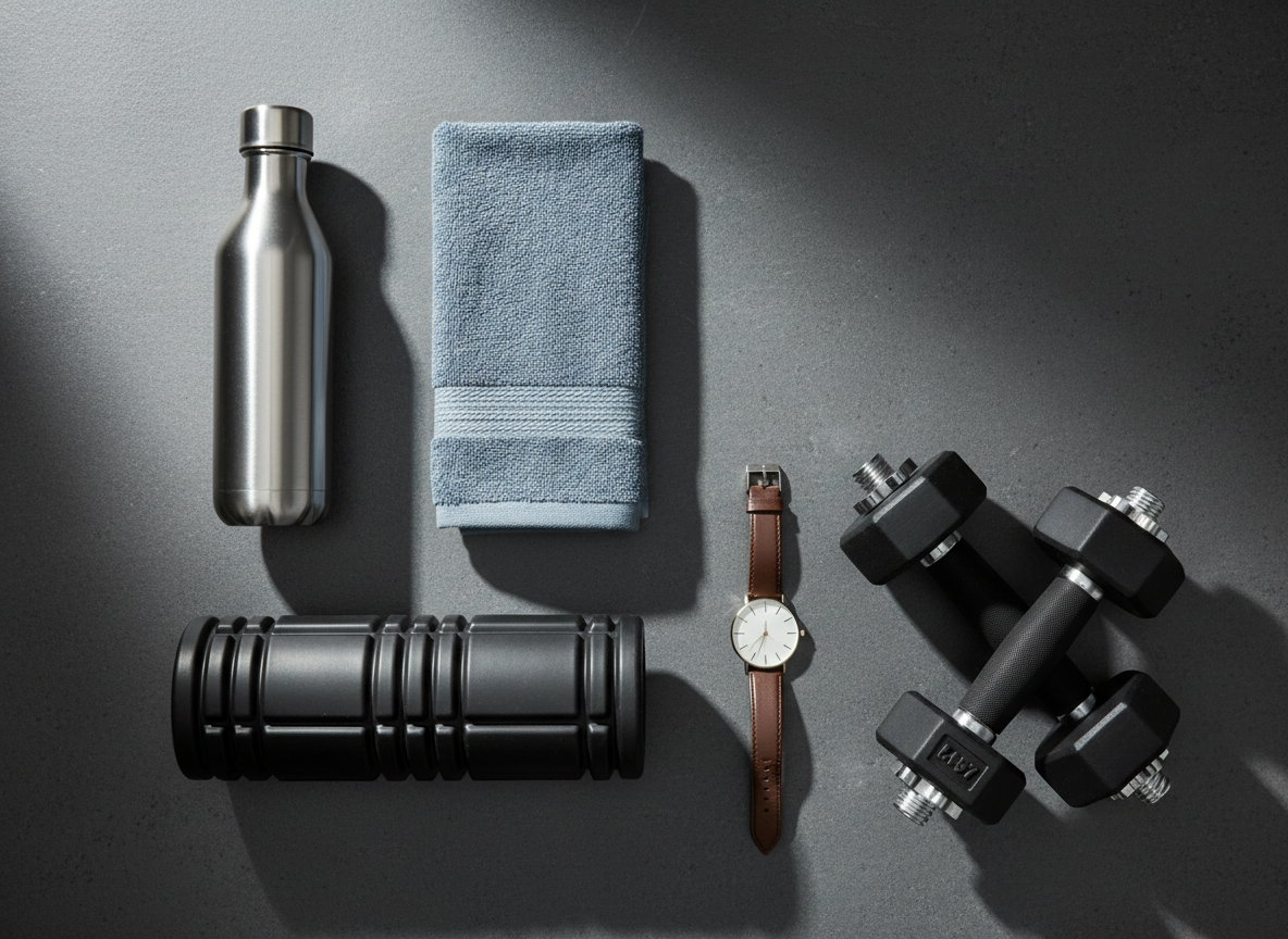 A meticulously arranged flat lay of modern men’s wellness essentials displayed on a matte charcoal stone surface. A sleek stainless-steel water bottle with subtle brushed texture stands beside a neatly folded, high-quality cotton towel in muted slate blue. Nearby sit a minimalist black foam roller, a pair of adjustable dumbbells with rubberized grips, and a simple analog watch with a leather band. Soft, diffused daylight from a nearby window washes across the scene, creating gentle highlights and understated shadows. Shot from a bird’s eye view with photographic realism and sharp focus, the composition feels clean, elevated, and sophisticated, embodying a calm, intentional approach to body wellness and self-care without any clutter or distractions.