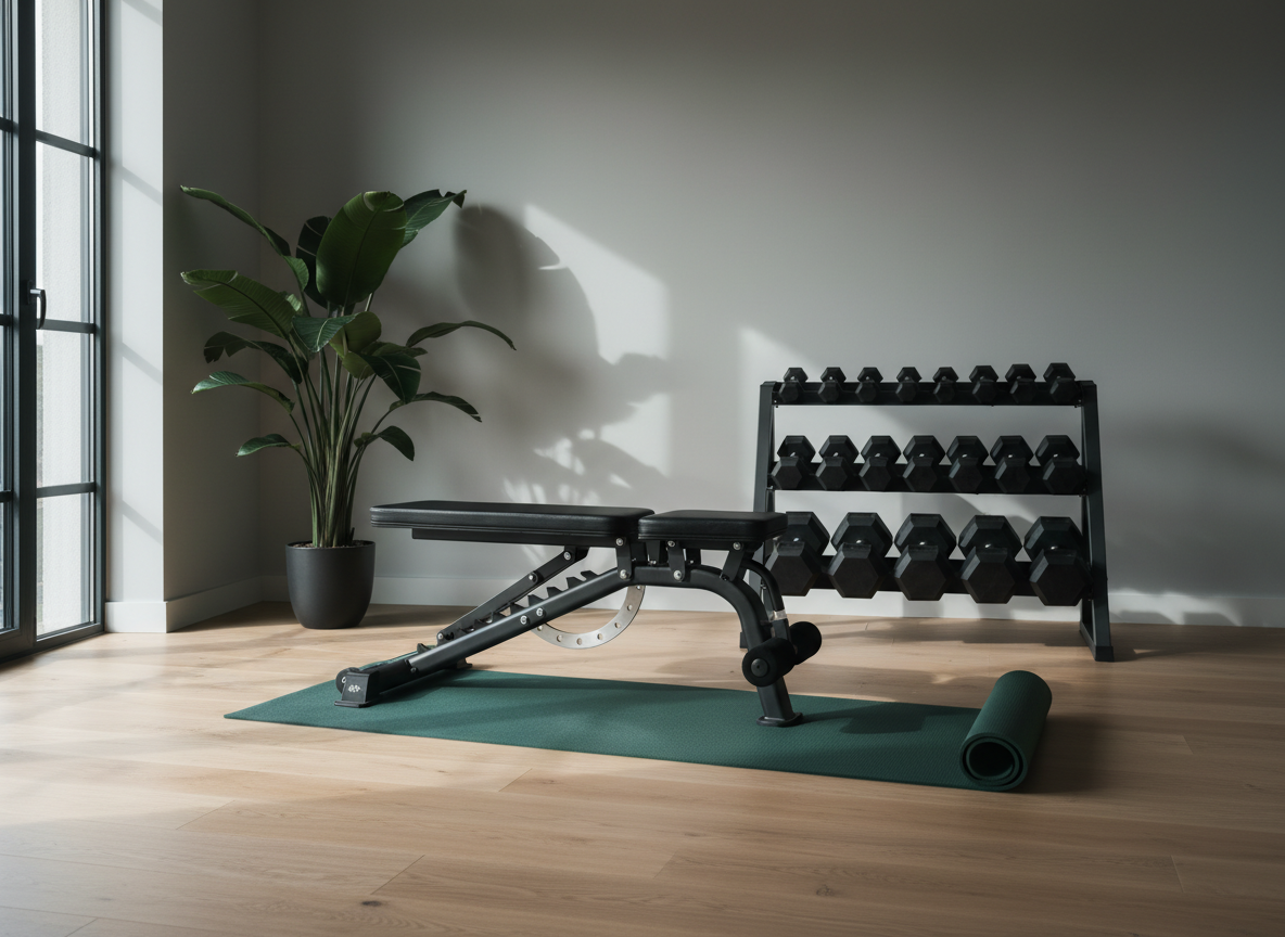 A modern home gym corner emphasizing balanced body wellness, featuring a matte black adjustable bench, a set of neatly racked hex dumbbells, and a sleek yoga mat in deep forest green unrolled on smooth light oak flooring. Against a soft gray wall, a tall plant with broad dark-green leaves adds a natural touch. Indirect daylight filters in from a large side window, creating soft, elongated shadows and subtle highlights along the equipment edges. Photographic realism with a wide-angle, eye-level composition captures the entire setup with crisp clarity. The atmosphere is focused yet inviting, conveying strength without aggression, and underscoring a holistic, approachable approach to men’s fitness and self-care.