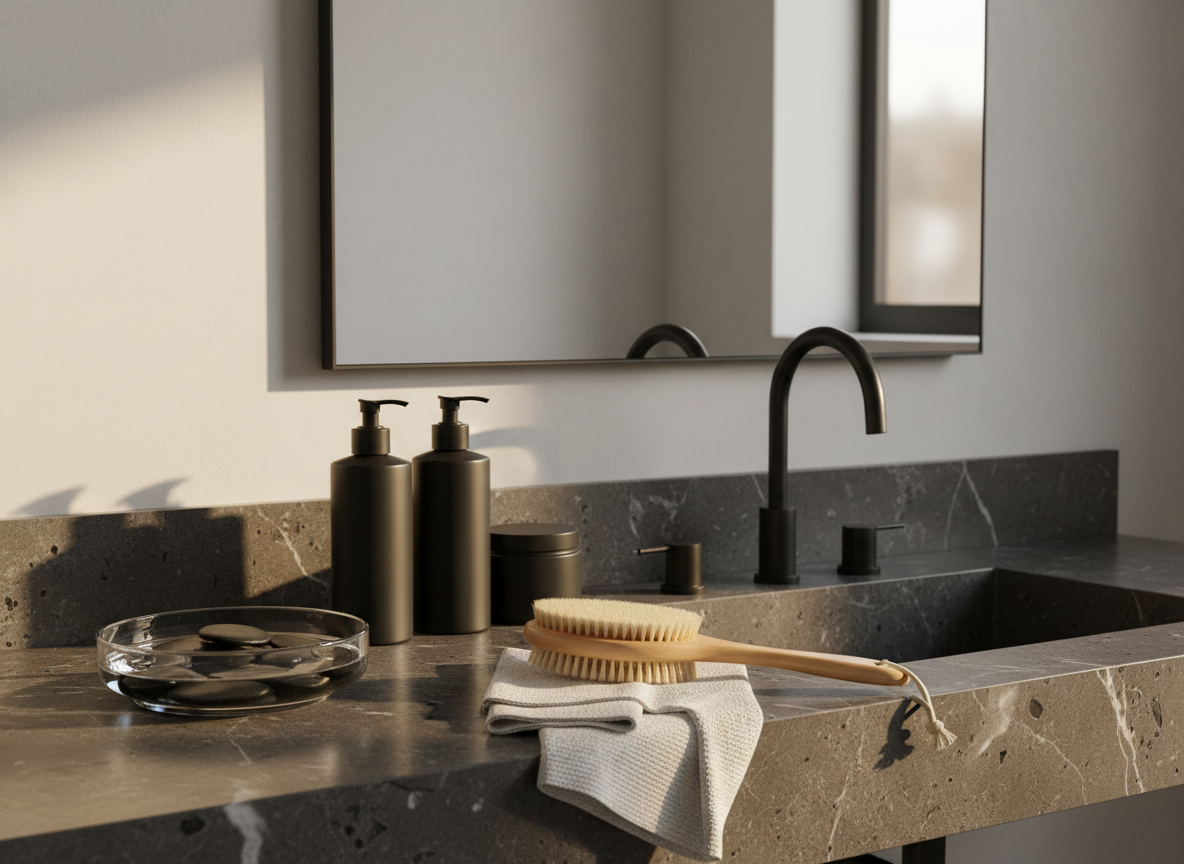 A serene, spa-like bathroom counter designed for a modern man’s self-care ritual, featuring a dark stone vanity with subtle veining and a matte black faucet. On the counter, a set of neatly arranged grooming products in minimalist, label-free containers, a natural bristle body brush, and a neatly folded white hand towel rest beside a small, low glass bowl filled with water and smooth black river stones. Soft, warm morning light enters through an unseen window, reflecting gently off a frameless mirror and casting delicate shadows. Photographic realism, captured at eye level with a slight angle, emphasizes textures of stone, metal, and cotton. The mood is calm, refined, and confident, suggesting a daily body wellness routine that is intentional and sophisticated.