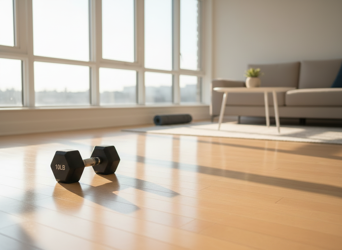 A bright, airy modern living room bathed in warm morning sunlight streaming through large windows. A single realistic hex dumbbell sits casually off to one side on a light wooden floor — not the focal point, just naturally present in the scene. The main focus is the peaceful, sun-drenched atmosphere of the room: clean lines, minimal furniture, soft golden light casting long shadows. A yoga mat is partially visible in the background. Calm, aspirational, photorealistic style.