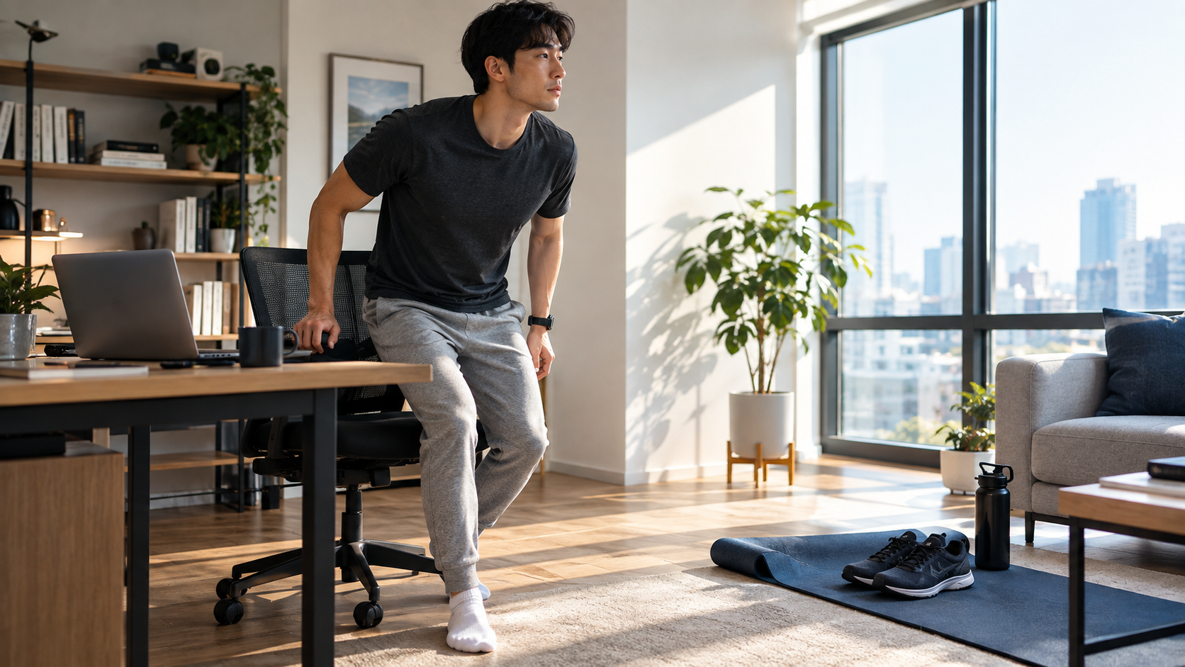 A man getting up from his desk to move after sitting for a long time