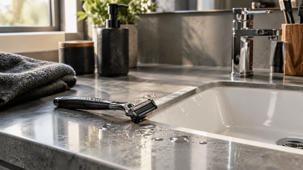 A wet manual razor sitting beside a bathroom sink