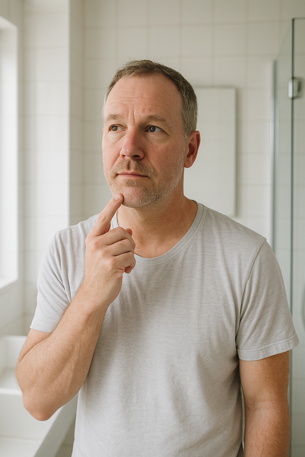 Man thinking about body odor after a morning shower