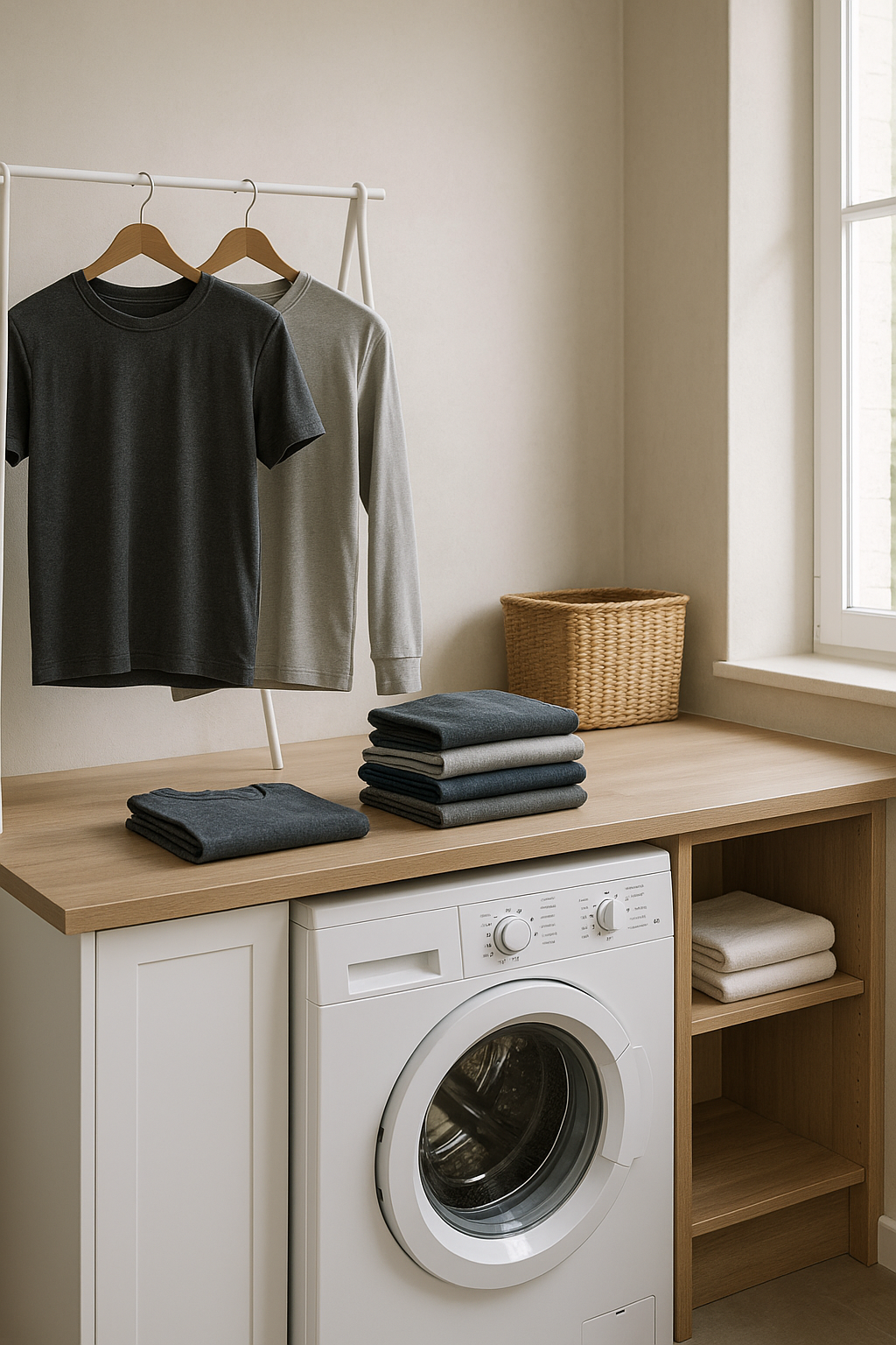 Freshly washed men's clothing drying in a clean laundry area