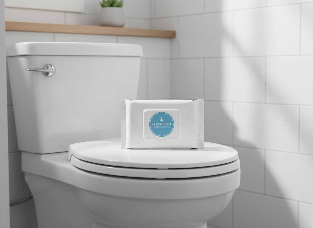 A pack of flushable wet wipes placed on the edge of a white toilet in a clean bathroom setting