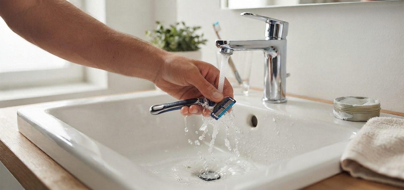 A man rinsing a manual razor after shaving at a bathroom sink