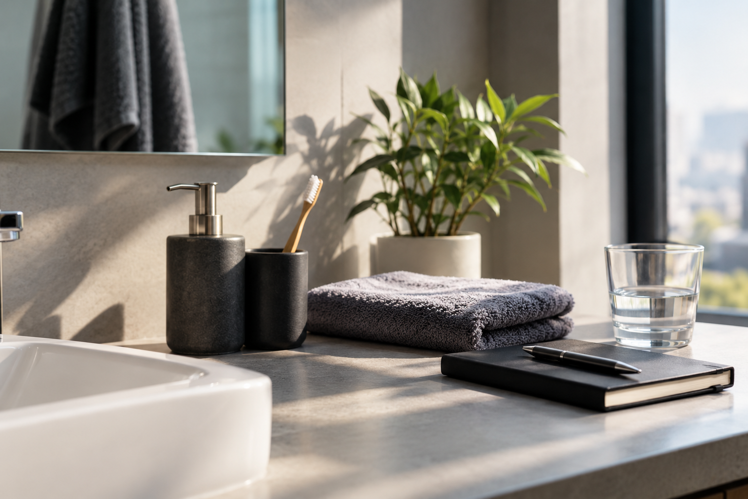 A clean bathroom setting representing personal body awareness and men's intimate wellness