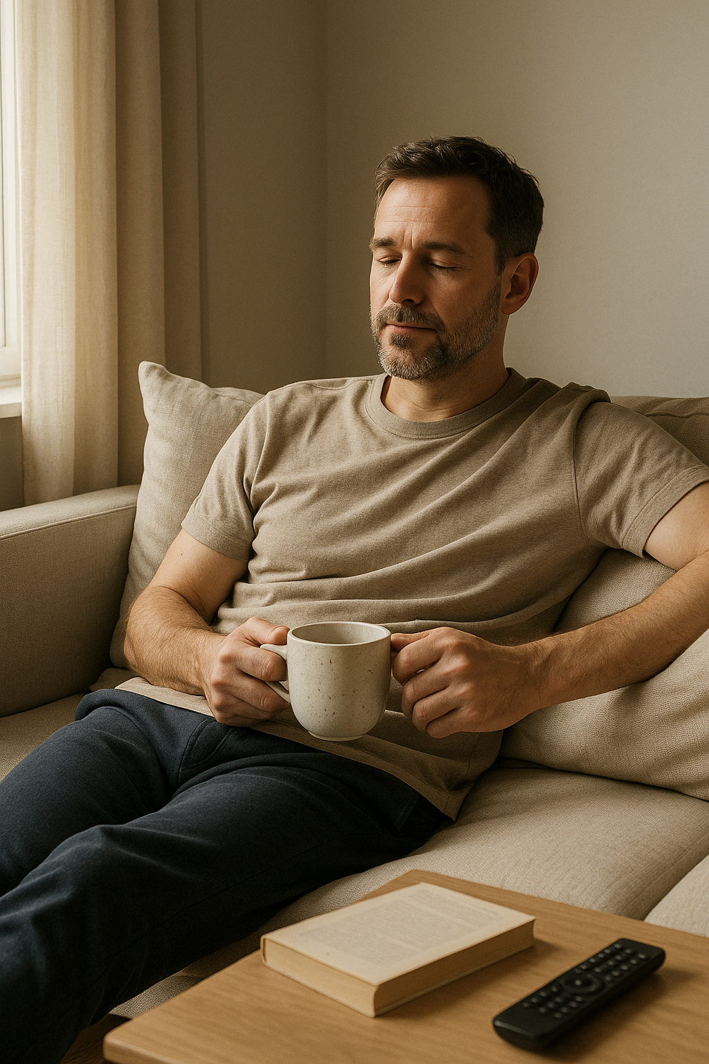 A man relaxing at home on a quiet weekend afternoon, enjoying time that feels like his own.