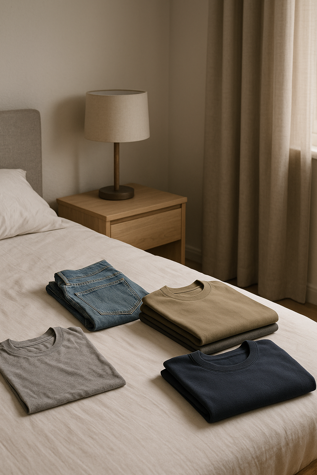 Older and newer everyday men's clothing arranged in a clean dressing area