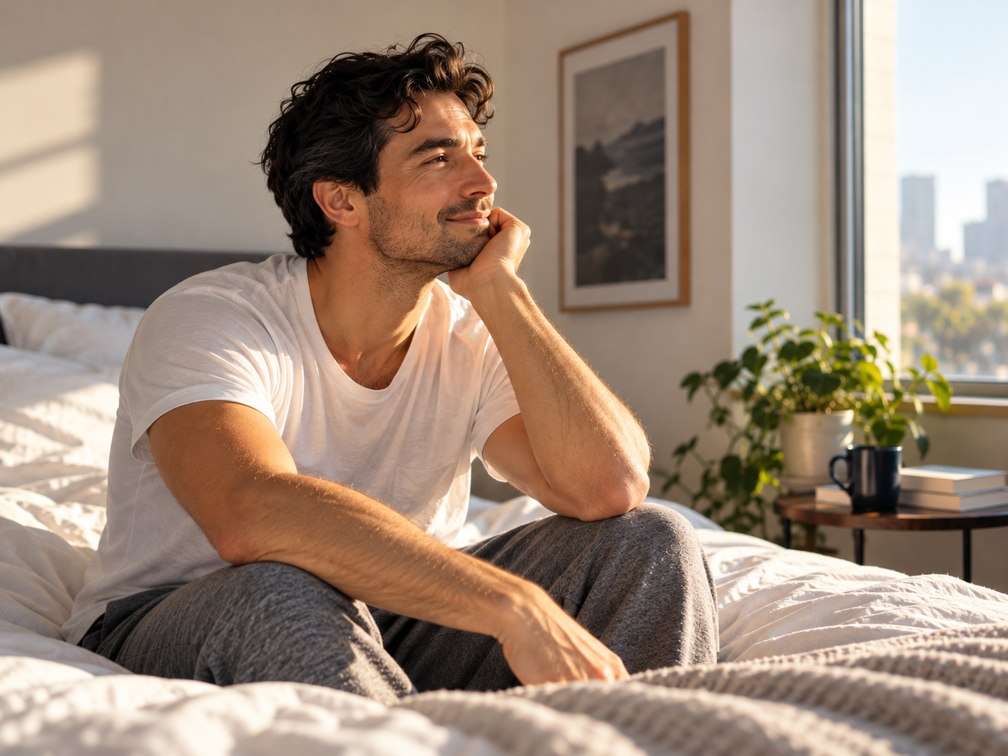 A man sitting comfortably on his bed in warm morning sunlight, taking a quiet moment to reflect.